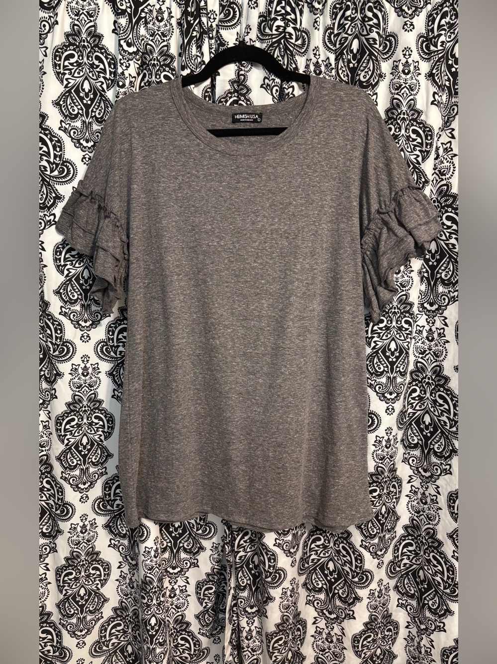 New HEIMISH USA Gray Crewneck Top with Double Tiered Ruffle Sleeves